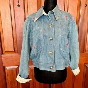 VTG 1990s SK Wear Beaded Embroidered Denim Jacket Button Up Boho Western Size 12